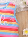 SHEIN Kids QTFun Little Girls' Rainbow Striped Vest Top With Heart And Letter Print