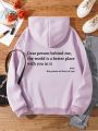 Plus Slogan Graphic Kangaroo Pocket Drawstring Thermal Hoodie