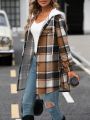 Plaid Print Drop Shoulder Drawstring Hooded Coat