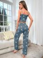 Butterfly Printed Cami Tank Top And Long Pants Pajama Set