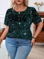 SHEIN VCAY Plus Size Women's Sequin Short Sleeve Shirt