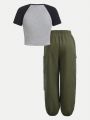 SHEIN Teen Girl Letter Graphic Raglan Sleeve Tee & Flap Pocket Pants