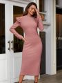 SHEIN Clasi Women's Solid Color Ribbed Long Sleeve Dress With Ruffle Hem