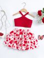 Young Girl Red And White Heart-shaped Casual Halter Top And Shorts Set For Summer