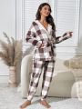 Buffalo Plaid Print Drop Shoulder Belted Flannel Lounge Set