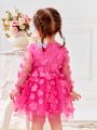 SHEIN Baby Girl 1pc Mom And Me Cute And Sweet Rose Red Stitching Three-Dimensional Flower Mesh Long-Sleeved Dress