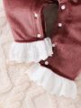 Baby Girl Contrast Eyelet Embroidery Ruffle Trim Flounce Sleeve Bow Front Velvet Jumpsuit