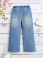 Young Girl's Straight Leg Jeans With Alphabet, Cartoon Print And Distressed Details