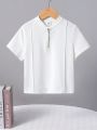 SHEIN Kids EVRYDAY Boys' Loose Fit Casual Polo Shirt With Front Zipper And Small Stand Collar