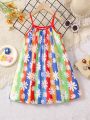 SHEIN Kids QTFun Little Girls' Floral And Striped Pattern Colorful Cami Dress