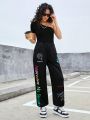 Teen Girls' Knit Solid Color One Shoulder T-Shirt And Letter Print Sweatpants Set