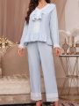 Women's Lace Patchwork Ruffle Hem Long Sleeve Sleepwear Set