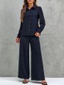 SHEIN LUNE Solid Button Front Shirt & Wide Leg Pants