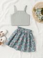 SHEIN Kids CHARMNG Little Girls' Solid Color Camisole Top With Flower Print Skirt Set