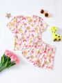 SHEIN Young Girl's Knitted Set With Flamingo Pattern T-Shirt And Loose Casual Shorts, Leisure Home Clothes