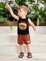 SHEIN Baby Boy Summer Coconut Tree & Car Letter Patterned Vest Top And Elastic Waist Shorts Set For Vacation