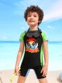 Young Boy'S Letter And Coconut Tree Print Short Sleeve Swimsuit With Shorts