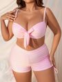 SHEIN Swim Mod Plus Size Color Block Bowknot Strap Swimsuit Set