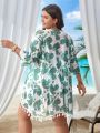 SHEIN Swim BohoFeel Plus Size Obi Belted Tassel Hem Kimono In Cashew Flower Print