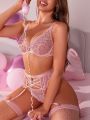 Women's Sexy Lingerie Set Including Bra With Underwire, T-Back, Garters, 2 Pairs Of Stockings