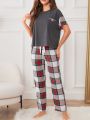 Women's Color Block Short-sleeve Plaid Long Pants Pajama Set