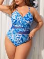 SHEIN Swim Vcay Plus Size Floral Print Mesh Splice One-Piece Swimsuit