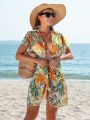 SHEIN Swim Vcay Tropical Print Front Knot Kimono Cardigan