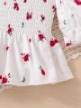 SHEIN Kids FANZEY Toddler Girls' Floral Off Shoulder Shirred Blouse With Puff Sleeves & Academy Patch Pleated Skirt 2pcs/Set For Spring/Summer