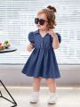 SHEIN Baby Girl Puff Sleeve Pocket Patched Shirt Dress