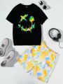 SHEIN Kids EVRYDAY Boys' Loose Fit Casual Round Neck Short Sleeve T-Shirt With Smiling Face Print And Shibori Dyed Shorts Set