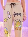 ROMWE X Care Bears Cartoon Letter Print Drawstring Waist Jogger Pants