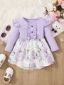 Infant Girls' Flower Pattern Printed Patchwork Dress With Ruffle Hem And Bowknot Decor