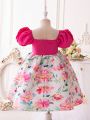 SHEIN Kids Nujoom Slim Fit Casual Young Girl's Dress With 3d Floral Puff Sleeves And Flower Print Patchwork