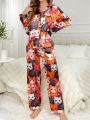 Colorful Cat Print Turn-Down Collar Imitation Silk Pajama Set