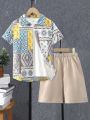 SHEIN Kids SUNSHNE Tween Boys' Geometric & Floral Printed Short Sleeve Shirt And Shorts Set