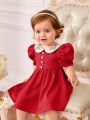 SHEIN Infant Girls' Contrast Color Floral Embroidery Peter Pan Collar Bubble Short Sleeve Dress