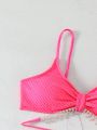 Tied & Rhinestone Decor Drawstring Solid Color Bikini Set