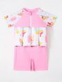 Little Girls' Cartoon Printed Patchwork One-Piece Swimsuit