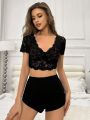 Lace Trim Top And Solid Color Shorts Sleepwear Set