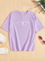 SHEIN Kids EVRYDAY Tween Girls' Knit Loose Short Sleeve Casual T-Shirt With Embroidered Letter