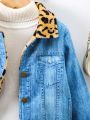 Young Girl 1pc Leopard Borg Collar Flap Detail Coat