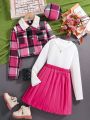 Teen Girls' Contrast Color Pleated Bust Cup Dress And Plaid Coat Set