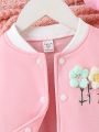 Young Girl Floral Patched Striped Trim Colorblock Varsity Jacket