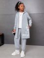 SHEIN Kids Cooltwn Tween Girl Slogan Graphic Drop Shoulder Hooded Coat & Sweatpants Without Tee