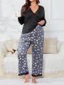 Plus Floral Print Lace Trim PJ Set