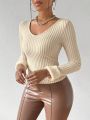 SHEIN SXY Women's Solid Color Ribbed Knit T-Shirt