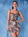 SHEIN BAE Elegant Ladies' Leopard Print Mesh Bustier Corset Fishbone Strap Tank Top With Chest Cup