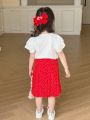 Girls' Cute Printed Short Sleeve T-Shirt And Polka Dot Skirt Set For Toddler Girls