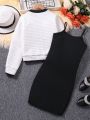 SHEIN Kids CHARMNG Tween Girls' Flip Detail V-Neck Jacket And Cami Dress Set