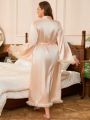 Women'S Plus Size Patchwork Mesh Trim Satin Robe